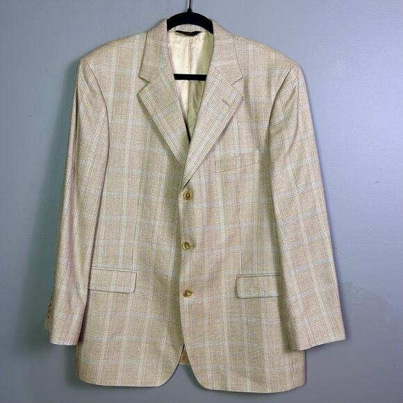 Brooks Brothers Sport Coat 44 R Plaid Neutral Wool Silk Tan (Flaw)